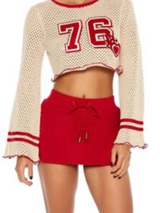Forever 21 Tops - Forever 21 Cream Crochet Crop Top with Red Trim and 76 Patch